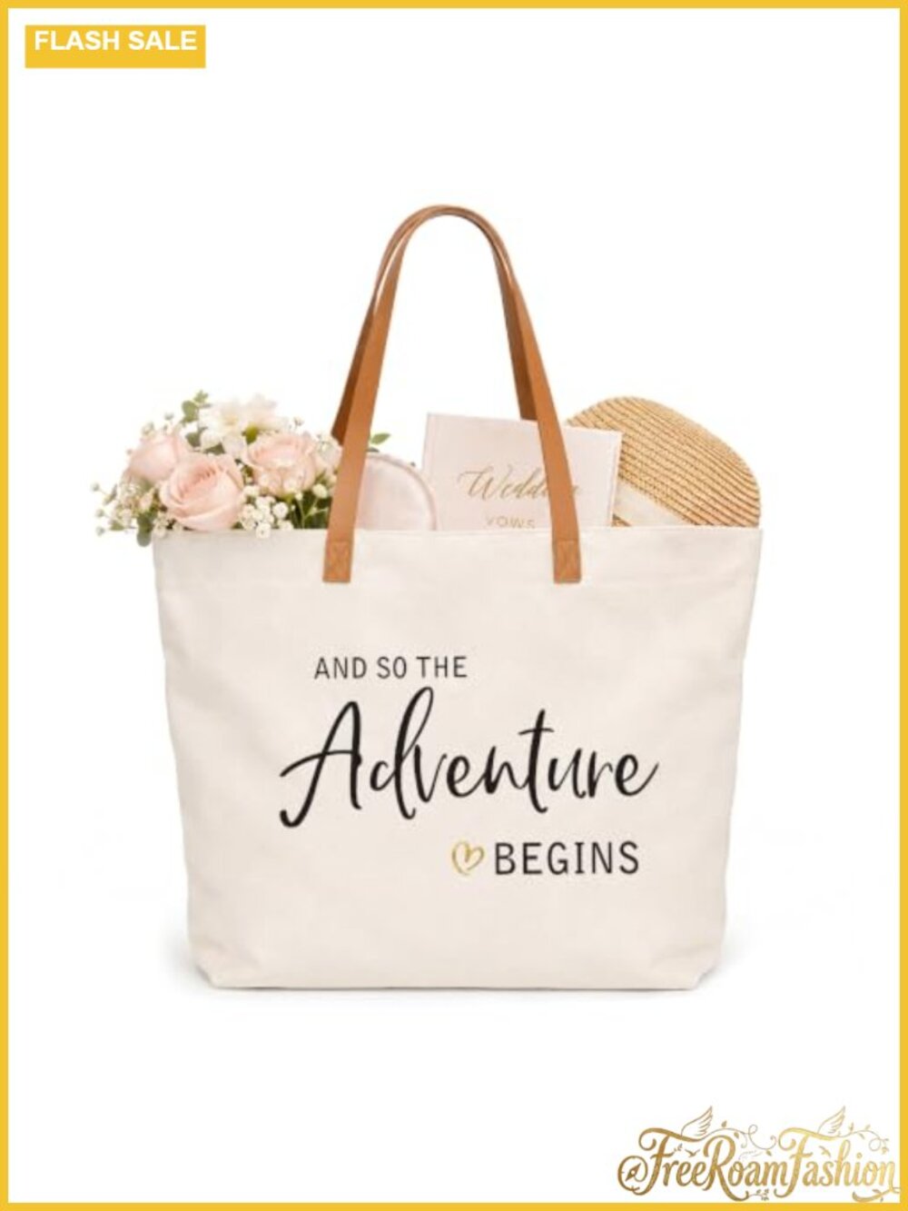 Large Canvas Tote Bag So The Adventure Begins Faux Leather Handles Zipper Pocket